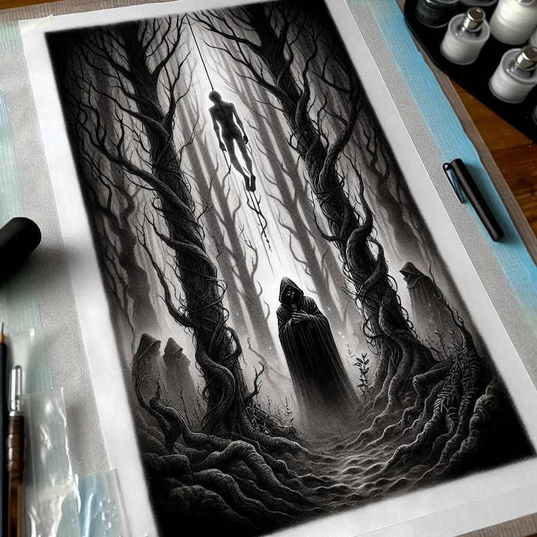 Dark grayscale forest with twisted trees and a hanging silhouette on a rope, plus a hooded figure, mist; black and grey tattoo project, suitable for cover-up.