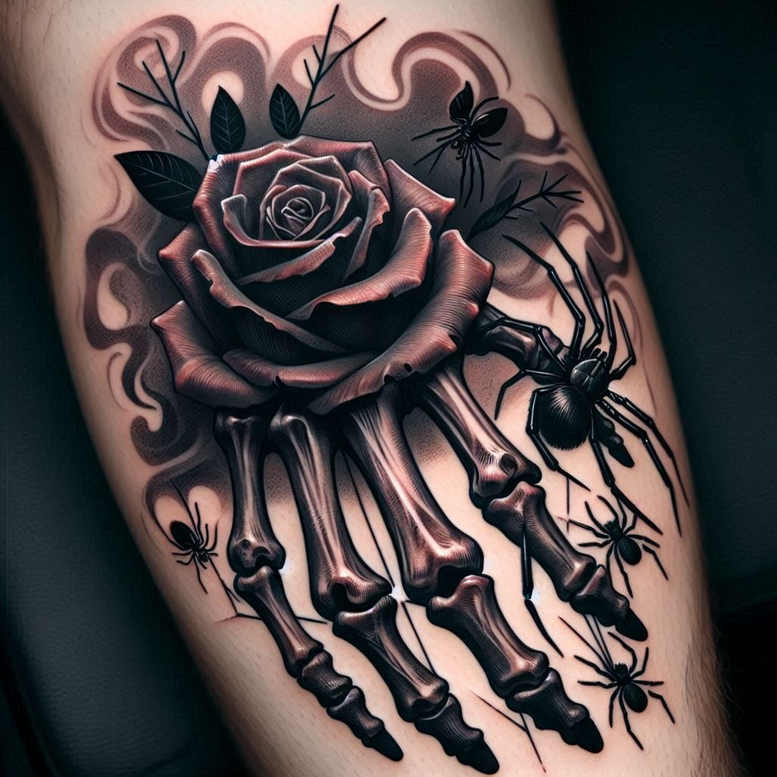 Rose centerpiece with skeletal hand and spiders; black and grey; cover-up-ready tattoo project.