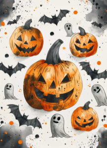 Orange pumpkins with carved faces, gray ghosts, and black bats in a watercolor Halloween scene; AI-generated tattoo project suitable for a cover-up.