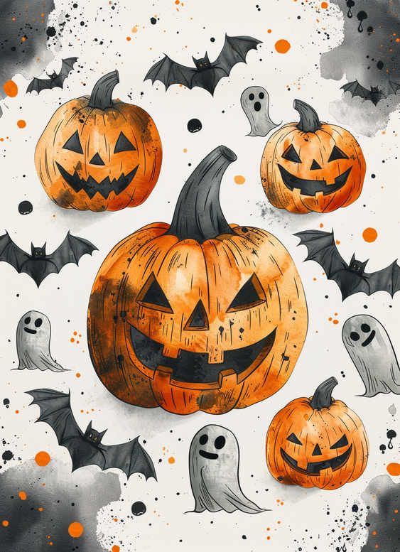 Orange pumpkins with carved faces, gray ghosts, and black bats in a watercolor Halloween scene; AI-generated tattoo project suitable for a cover-up.