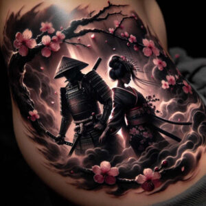 Samurai in armor and geisha in kimono, amid dark clouds and pink cherry blossoms, rendered in black and grey ink; tattoo project; suitable for cover-up.