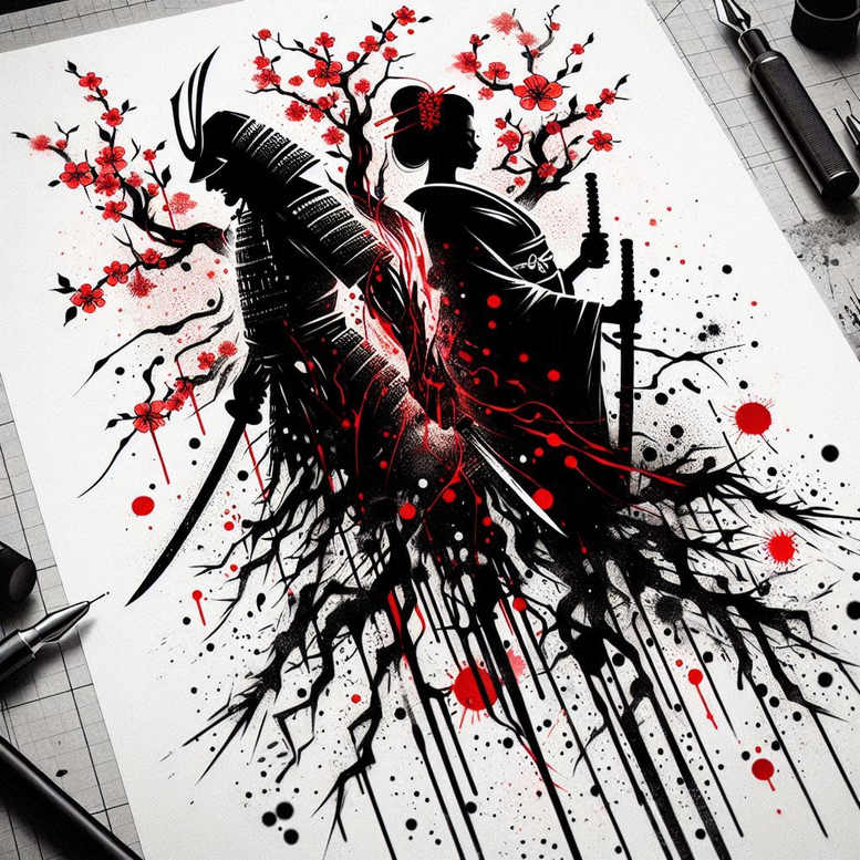 Two black silhouettes with a katana and flowing robe, red sakura blossoms, and ink splatter on a white background; black and red palette; AI-generated tattoo project; cover-up-ready.