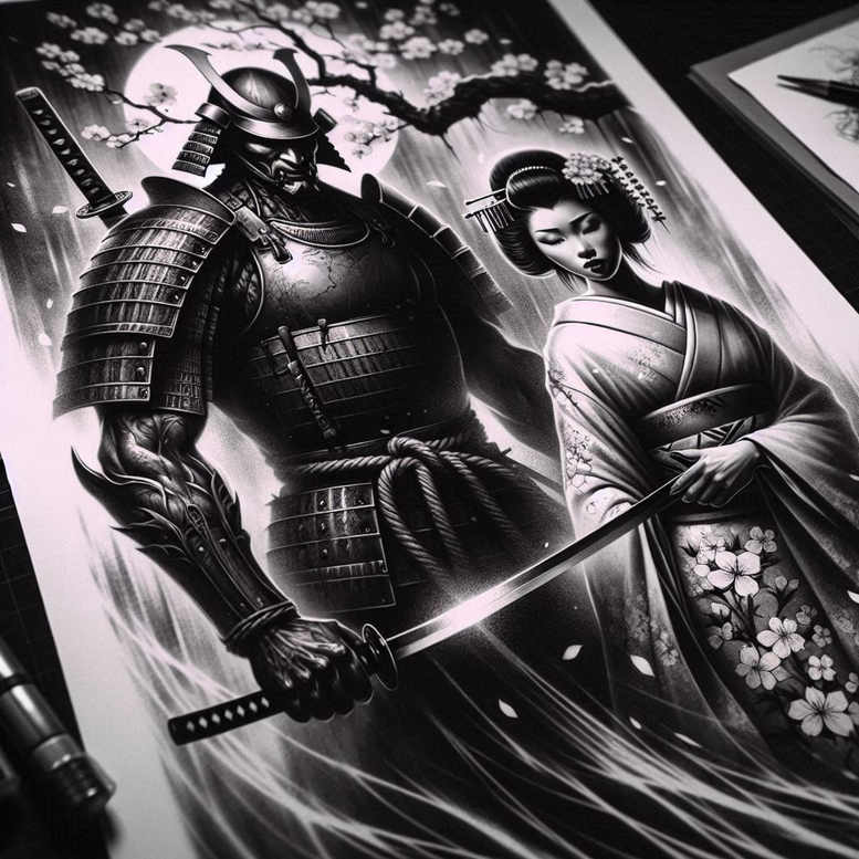 Samurai and geisha with sword in black-and-grey armor and kimono, flowers on fabric; AI-generated tattoo project; suitable for cover-up.