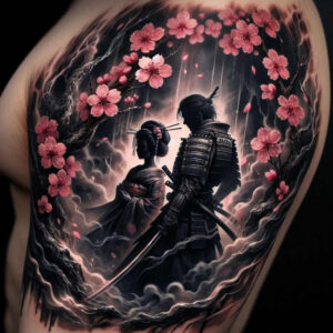 Samurai, kimono, armor, sword, cherry blossom, cloud, smoke; pink petals with black-and-grey shading; cover-up suitable project.