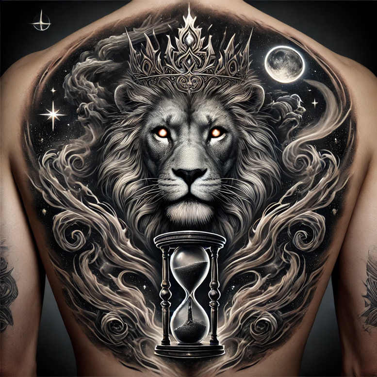Lion with crown, hourglass, moon, and stars; black and grey; tattoo project idea; cover-up suitable.