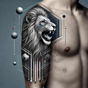 Lion, line, shape, dot, arm; black and grey; project; cover-up-ready.
