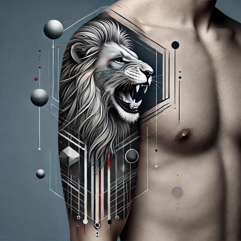 Lion, line, shape, dot, arm; black and grey; project; cover-up-ready.
