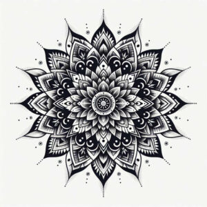 Mandala, petals, dots; black and grey ink on white background; project idea; cover-up suitable; dense pattern.
