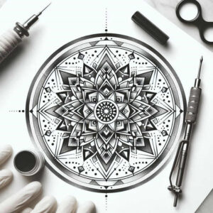 Mandala design on white paper in black and grey; visible ink cup, needle, gloves, and tattoo machine; AI-generated tattoo project; ideal for cover-up.