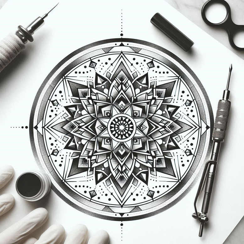 Mandala design on white paper in black and grey; visible ink cup, needle, gloves, and tattoo machine; AI-generated tattoo project; ideal for cover-up.