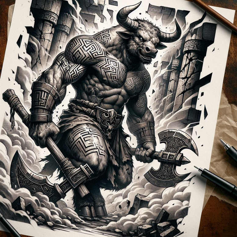 Minotaur warrior in black and grey tattoo design with axe amid ruins; AI-generated concept ready for ink, cover-up friendly.