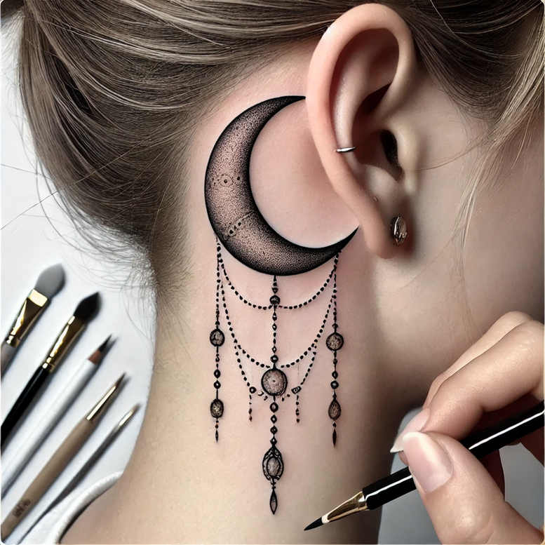 Crescent moon tattoo behind the ear in black and grey with hanging bead chains and dots; ear visible with piercings; cover-up project.