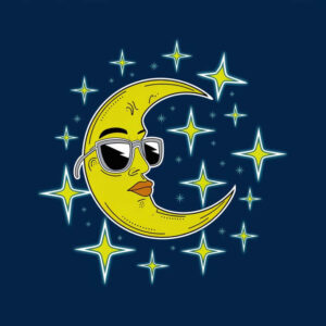 Moon wearing sunglasses with orange lips on a dark blue background; yellow face, white highlights, black sunglasses, surrounded by stars; AI-generated cover-up tattoo project.