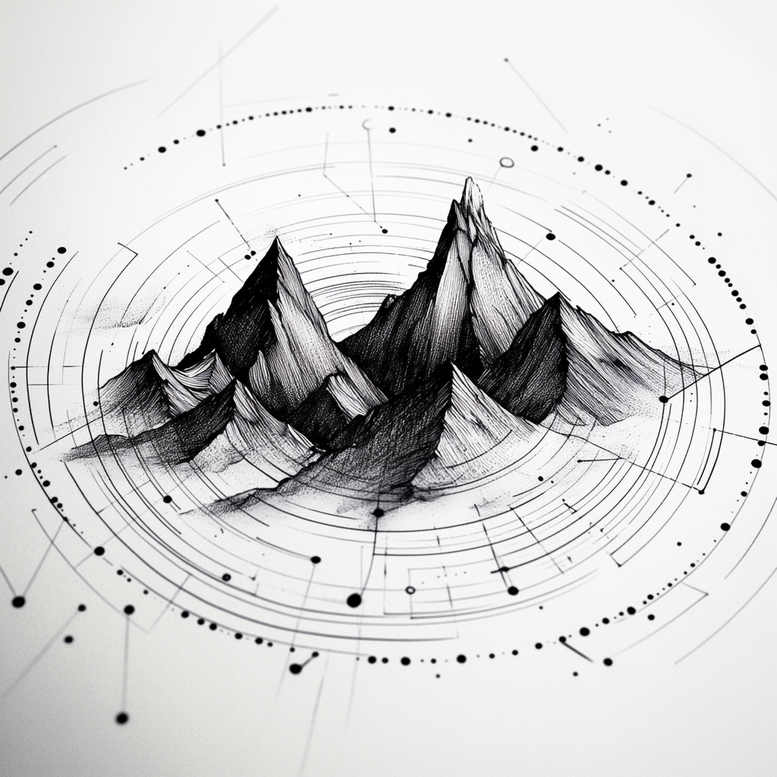 Black and grey mountain range with circle rings and dots; AI-generated tattoo project; cover-up ready.