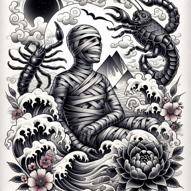 Mummy wrapped in bandages, scorpion, waves, lotus flower, mountains, and clouds; black and grey; project idea; cover-up suitable.