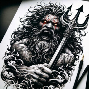 Black and grey tattoo design of a bearded mythic man wielding a trident, with fiery red eyes and swirling waves around him; AI-generated tattoo project, ideal for cover-up.