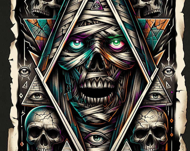 Central skull wrapped in bandages inside a neon diamond frame; additional eye elements and angular motifs in teal, purple, and orange on black and grey shading; cover-up-ready with pattern.