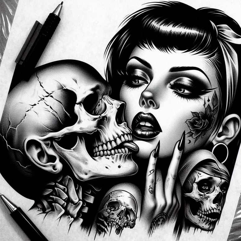 Skull and woman portrait in black and grey with rose on temple, hand with long nails, and pen tool visible; cover-up concept.