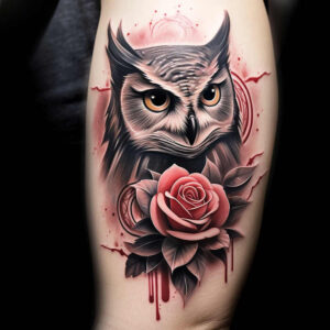 Owl (black and grey) with red rose, leaves, drip, and circular ring; AI-generated tattoo project, cover-up-ready.