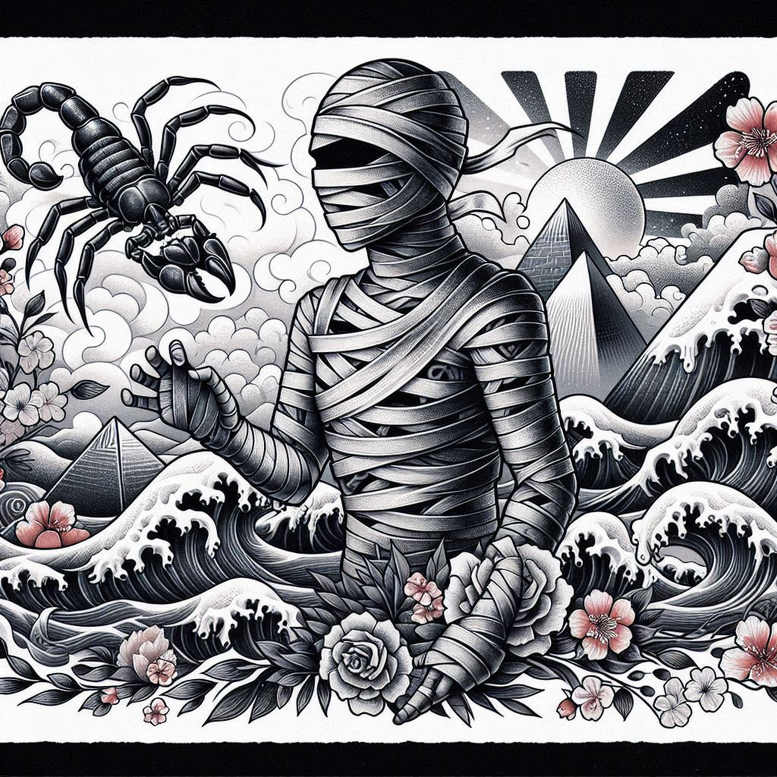 Mummy wrapped in bandages (black and grey), scorpion, waves, pyramid, sun, flowers, and clouds; cover-up project.