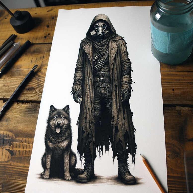 Plague doctor in torn coat and mask beside a dog; visible tools: paper, pencil, ink bottle, pen on a wooden desk in black and grey; project idea, cover-up suitable.