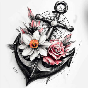 Black and grey anchor tattoo with white daffodil and pink rose, compass lines behind, leaves and dotted accents; a project idea, suitable for cover-up.