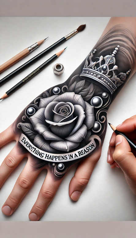 Black and grey realism tattoo on forearm with a large rose, crown, banner, and pearl beads; cover-up-ready tattoo project.