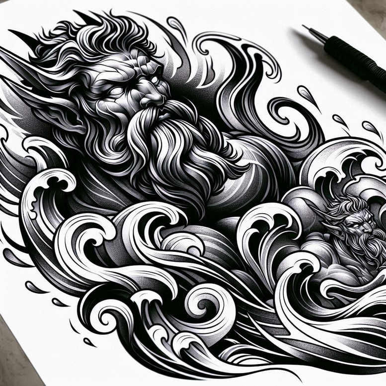 Figure, wave, and a pen in black and grey; tattoo design idea; cover-up-ready; pattern.