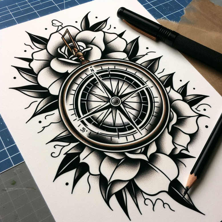 Compass, flower, pencil, and paper; black and grey shading; concept sketch for a tattoo design project, suitable for a cover-up.