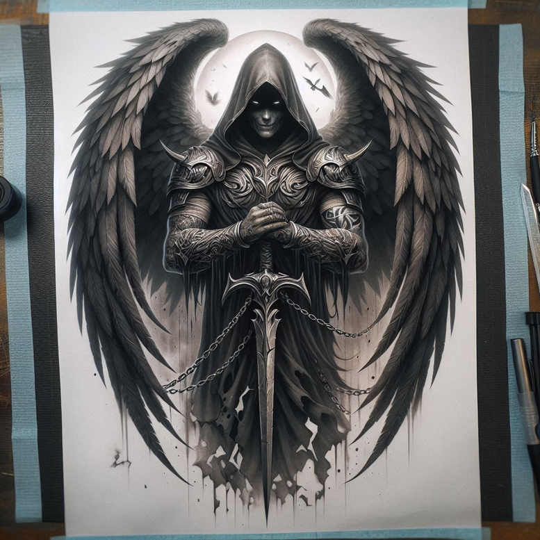Black and grey: angel, hood, armor, sword, wing; cover-up-ready tattoo design concept.