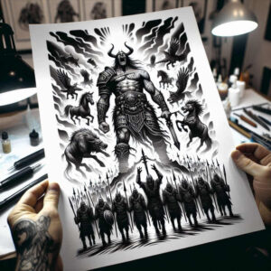 Central armored warrior with horned helm in black and grey, flanked by wolves and ravens, rows of spear-wielding soldiers below; AI-generated tattoo project; cover-up ready.
