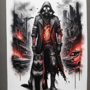 Black and grey illustration of a man in a trench coat with gas mask, glowing chest emblem, and a wolf on a red leash in a ruined city; tattoo project, cover-up.
