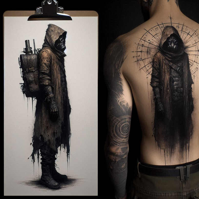 Hooded figure with gas mask, backpack, and boots in black and grey; cover-up tattoo project on back with cloak and drippy edges.
