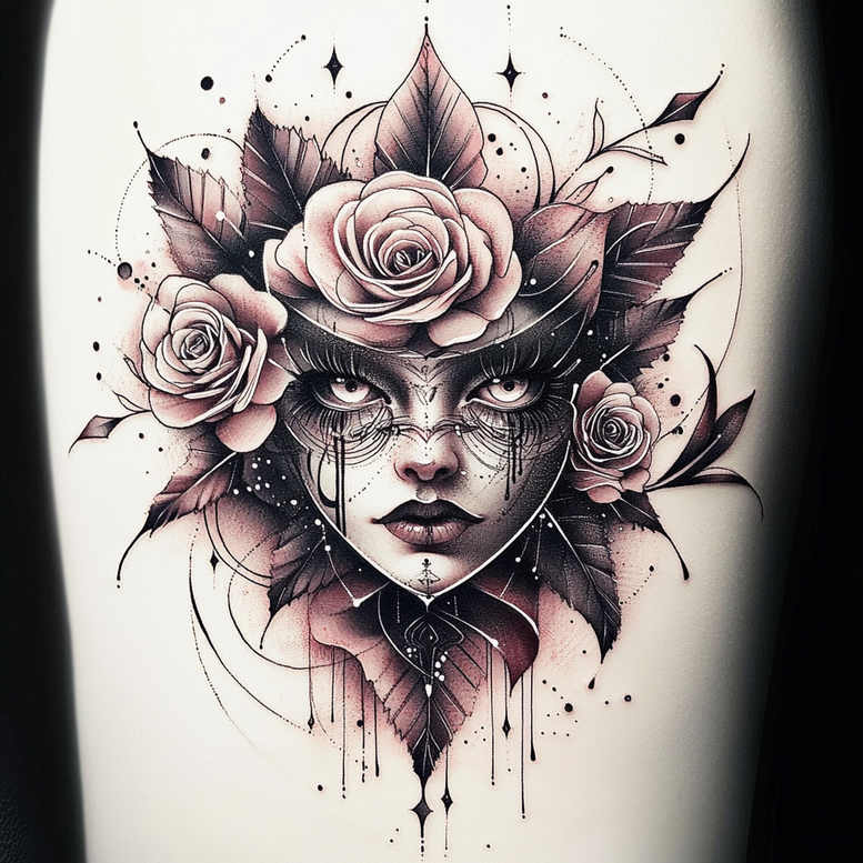 Face, rose, leaves in black and grey; tattoo project, cover-up ready.