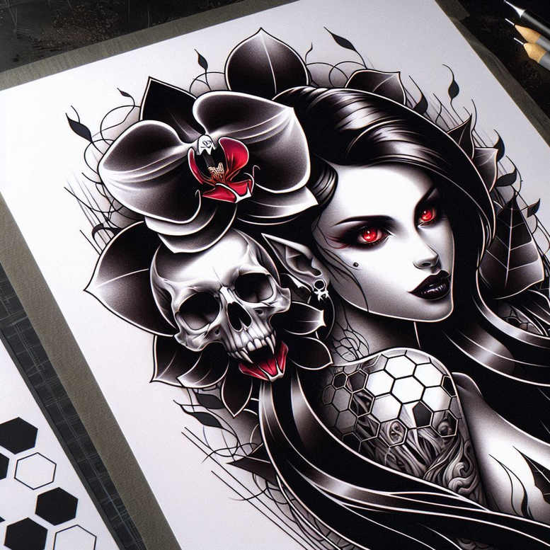 Female figure with pale skin and red eyes, skull, orchid, and honeycomb shoulder pattern in black and grey; AI-generated tattoo project; cover-up ready.