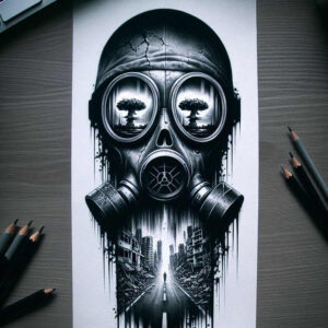 Gas mask with cracked shell and round lenses reflecting a tree and a city street in black and grey; tattoo project; cover-up-ready.