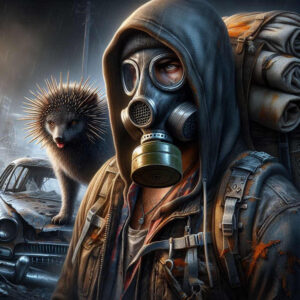 Gas mask-wearing figure in a hood with a backpack, beside a hedgehog near a wrecked car; black and grey palette; AI-generated tattoo project; suitable for cover-up.