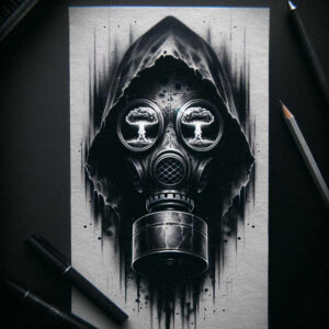 Gas mask, hood, round lenses, filter, ink-splatter in black and grey; tattoo design idea, cover-up ready.