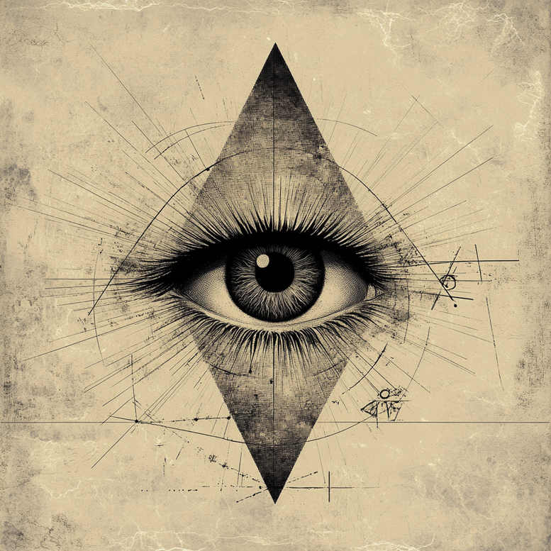 Eye inside a diamond with radiating lines in black and grey; circles and lines; AI-generated tattoo project; cover-up ready.