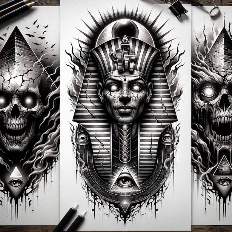 Pharaoh head in black and grey ink with skulls and pyramids, geometric shapes; AI-generated tattoo project; cover-up suitable.