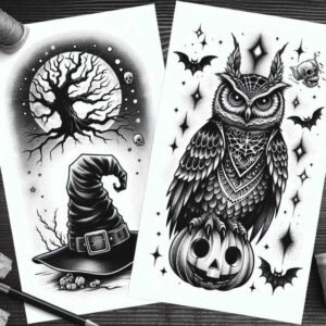 Black and grey double-sheet tattoo design with a gnarled tree, witch hat, pumpkin skull, and an owl above a jack-o'-lantern, surrounded by bats; AI-generated project; cover-up ready.
