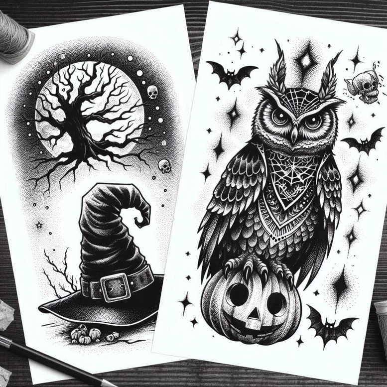 Black and grey double-sheet tattoo design with a gnarled tree, witch hat, pumpkin skull, and an owl above a jack-o'-lantern, surrounded by bats; AI-generated project; cover-up ready.