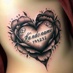 Heart-shaped tattoo with black and grey shading, surrounded by rose petals; lettering inside reads a name with numbers; project idea, suitable for cover-up.