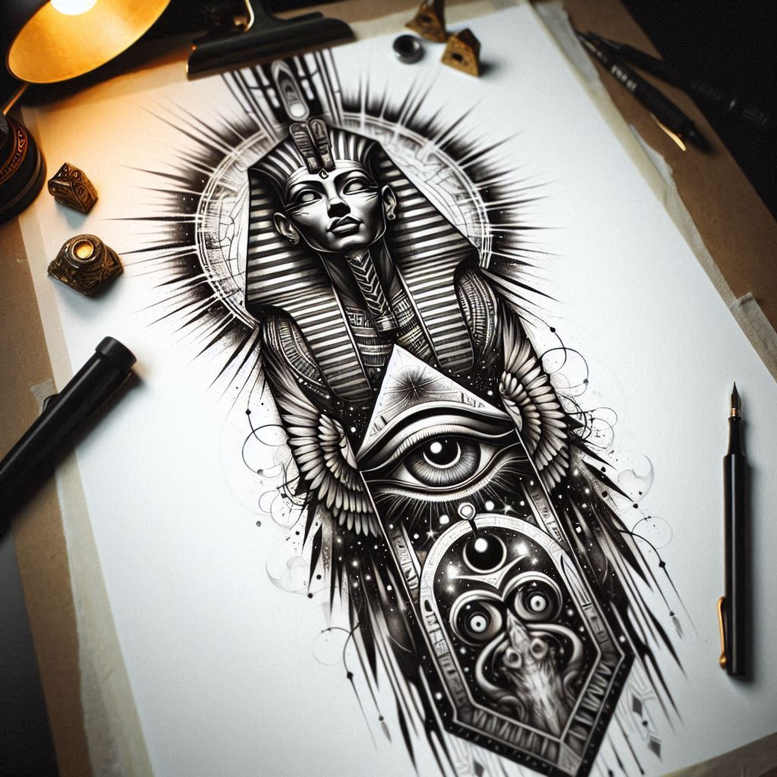 Black and grey tattoo design featuring a winged figure, halo rays, a central triangle eye, and a geometric pyramid motif; ideal cover-up project.