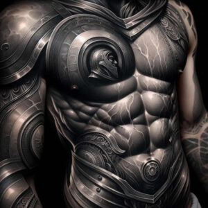 Black and grey tattoo on torso with armored plates, helmet emblem, belt, and gear motifs; project idea; cover-up suitable.