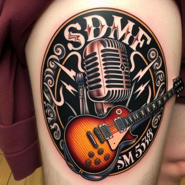 Microphone, electric guitar, and circular badge with ornamental swirls; full color tattoo project; cover-up suitable.