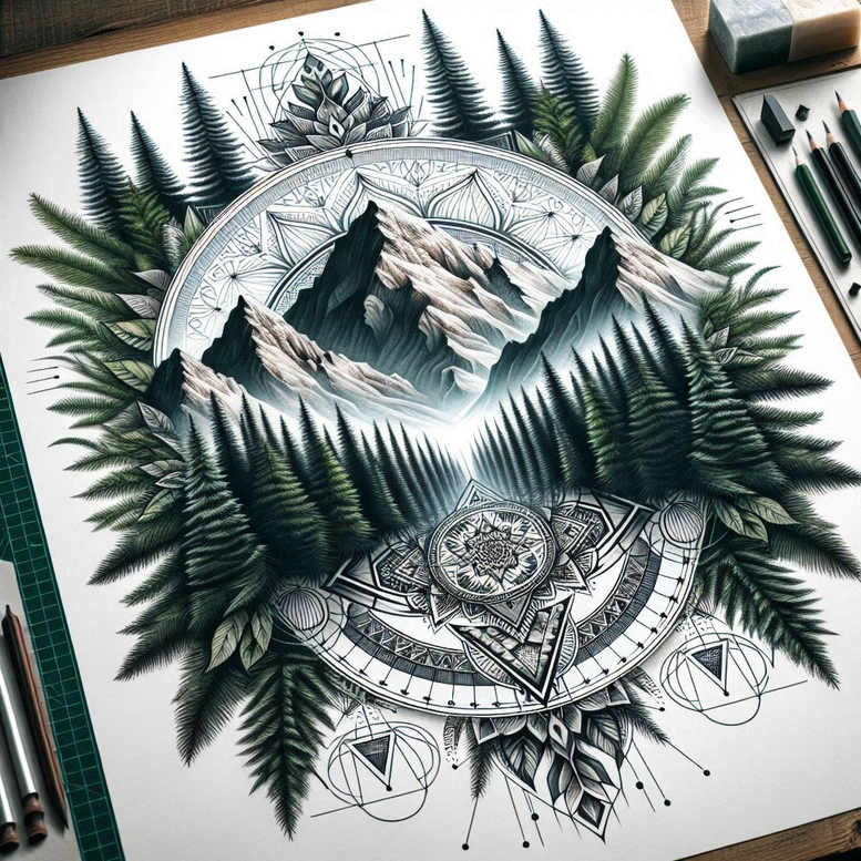 Mountain scene inside a circular mandala, framed by pine trees and ferns in black and grey; project idea, cover-up capable.