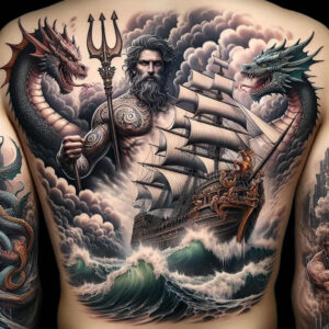 Back tattoo design of a bearded Poseidon with a trident, a sailing ship, and dragons against stormy clouds and crashing waves in black and grey; cover-up-ready.