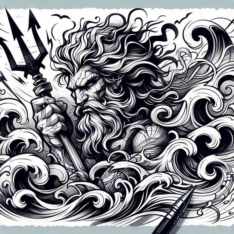 Black and grey concept tattoo design of Poseidon with a trident rising from stylized waves; concept idea for a cover-up.
