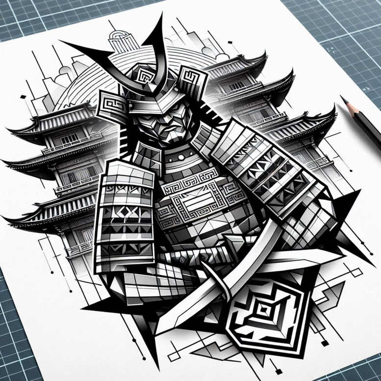 Samurai in black and grey armor with a katana, set against pagoda-style buildings and angular lines; cover-up-ready tattoo project with bold pattern.
